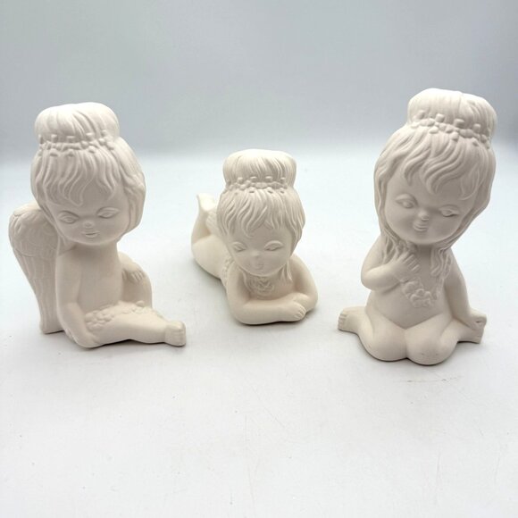 Vtg Ceramic Bisque Angel Figurines Sitting Kneeling Lying Down Greenware Set/3 - Picture 1 of 7